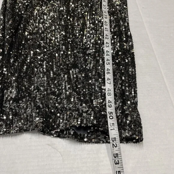 Halston Ranae Cocktail Dress Womens 0 Black Silver Sequin Sheath Blouson Drape